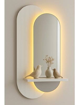 Evode Design Aynalı Lüks Modern LED Duvar Dekoru – Raflı Tasarım – Uzaktan Kumandalı Ambiyans Işığı (110X46 Cm)