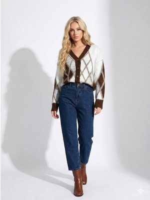 Ribana Classic Kadın Desenli Yumoş Pamuklu Uzun Kollu Ceket Görünümlü Oversize Kalıp Triko Hırka 2598