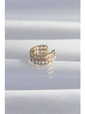 Pirinç Gold Renk Incili Baget Taşlı Earcuff Küpe