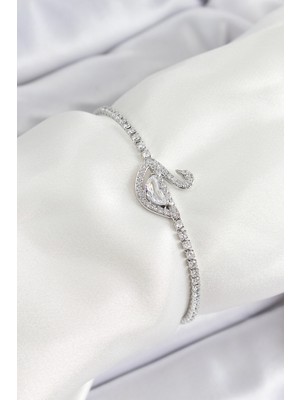 Pirinç Gümüş Renk Zirkon Taşlı Kuğu Model Kadın Bileklik