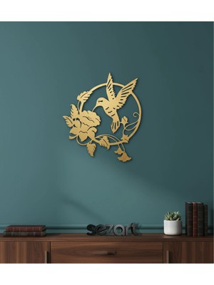 Sezart Sinek Kuşu ve Yaban Gülü Desenli Dekoratif Metal Duvar Tablosu