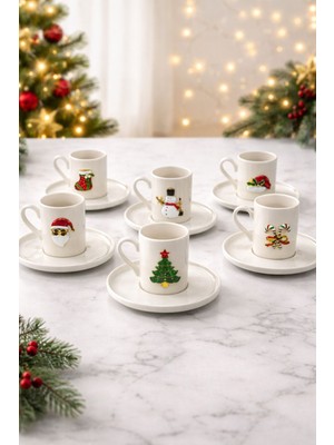 Yzhome 6 Kişilik Porselen Yılbaşı Metal Figürlü Kahve Fincan Takımı Seti Yeni Yıl Hediyesi 90ML