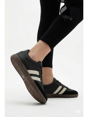 Nmoda  Unisex Siyah Beyaz Termo Taban Yanı Şeritli Bağcıklı Spor Ayakkabı