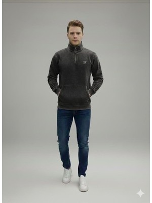 Afri Erkek Siyah Yıkamalı Efektli Yarım Fermuarlı %100 Pamuk 3 Iplik Sweatshirt