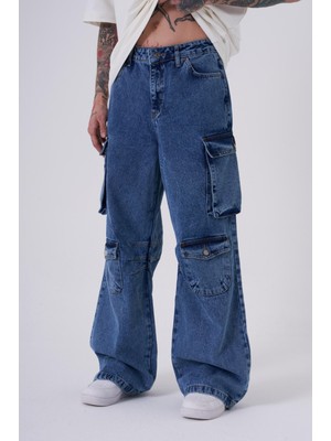 Machinist Erkek Yan Cepli Baggy Jean Pantolon Mavi
