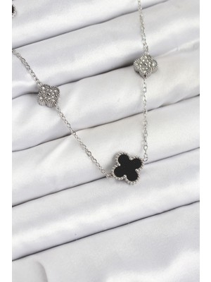 Ayder Timya 316L Çelik Zincir Gümüş Renk Siyah ve Zirkon Taşlı Yonca Kadın Kolye (Timya/1395) 194084