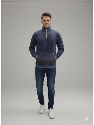 Afri Erkek Lacivert Yıkamalı Efektli Yarım Fermuarlı %100 Pamuk 3 Iplik Sweatshirt