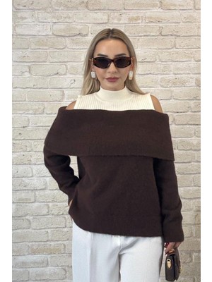 Muna Boutique Kahverengi Balıkçı Yaka Degaje Yaka Detaylı Kadın Kazak