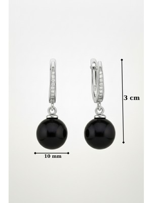 BymissMücevherat 925 Ayar Gümüş Sallantılı Yuvarlak Siyah Oniks Taşlı Kadın Küpe 8 mm