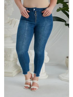 Rmg Fermuar ve Paça Detaylı Büyük Beden Mavi Kot Pantolon