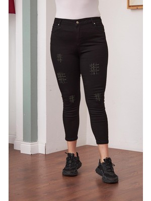 Rmg Taş Detaylı Büyük Beden Siyah Kot Pantolon1