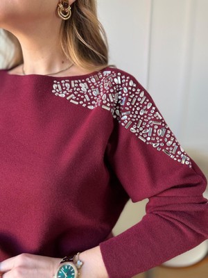 Size Özgü Bordo Omuz Taşlı Triko