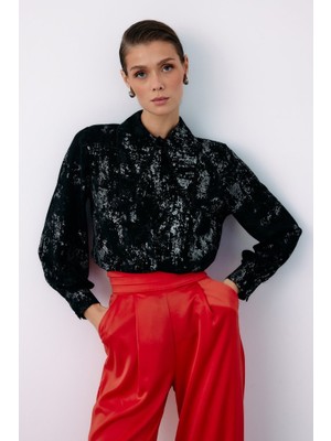 Ziley  Geniş Inci Yakalı Gömlek - Siyah-Gümüş