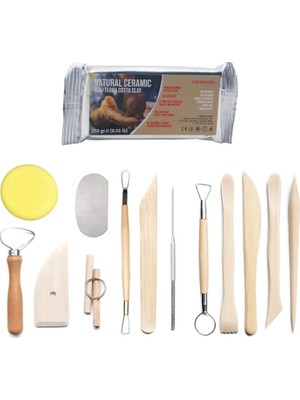 Renovon 13 Parçalı Ahşap Seramik Oyma Aleti Seti Doğal ve Polimer Kil Çömlekçilik Heykel Çocuk Yetişkin ve Sanatçılar Için El Sanatları Aksesuar ve Modelleme Yapımı, 250 gr Natural Kırmızı Kil ile