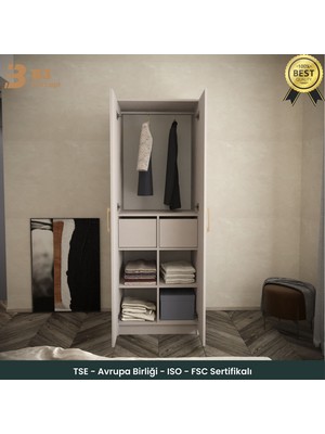 B3 Concept Kapaklı Gardırop Çekmeceli Raflı Askılı Demonte Elbise Dolabı Bej