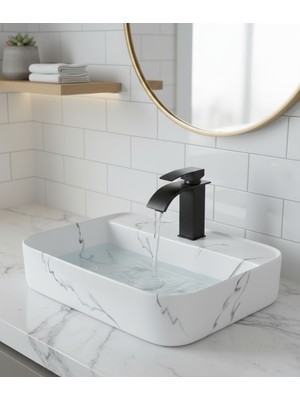 Emfa Aksesuar Beyaz Mermer Desenli Tezgah Üstü Çanak Lavabo 50X40X13,5 - Beyaz Mermerl Desen Lavabo Taşı