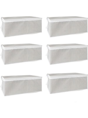Gri Çizgili Büyük Boy Kumaş Hurç, Altı Düzenleyici, 64X45X22 Cm, Fermuarlı Saklama Kutusu 6 Adet