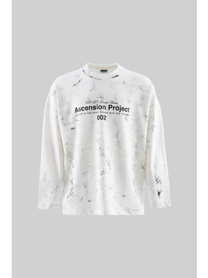 Machinist Erkek Efektli Baskılı Oversize Uzun Kollu Tişört Ekru