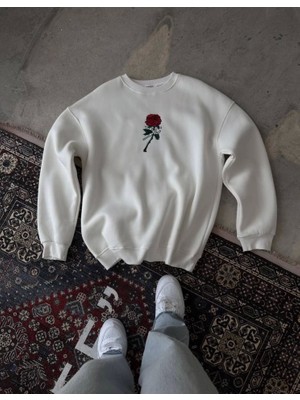 Beruflic Unisex Bisiklet Yaka Ön ve Arka Baskılı Sweatshirt - Beyaz
