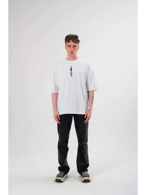 Beruflic Unisex Bisiklet Yaka Baskılı Oversize T-Shirt - Beyaz