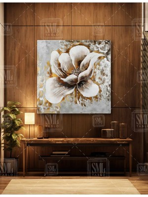 SML Tablo Beyaz Çiçek Altın Gold Tonlar Soyut Dekoratif Çiçek Modern Kare Kanvas Tablo