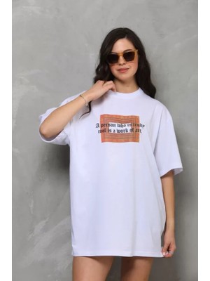 Beruflic Unisex Bisiklet Yaka Baskılı Oversize T-Shirt - Beyaz