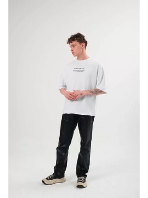 Beruflic Unisex Bisiklet Yaka Baskılı Oversize T-Shirt - Beyaz