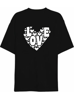 Beruflic Sevgililer Günü Için Özel Tasarım Love Kalp Baskılı T-Shirt - Siyah