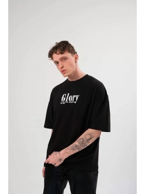 Beruflic Unisex Bisiklet Yaka Baskılı Oversize T-Shirt - Siyah