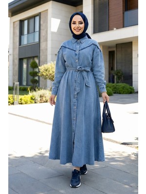 Kadın Düğmeli Kuşaklı Kot Mavi Tesettür Elbise