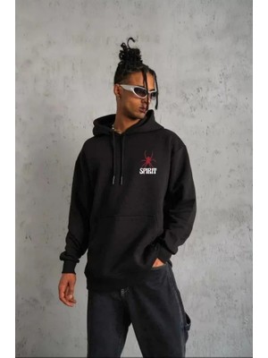 Beruflic Unisex Kapşonlu Baskılı Sweetshirt - Siyah