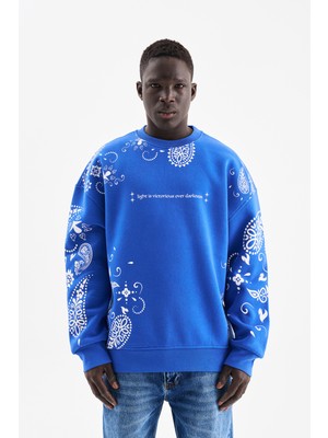 Machinist Erkek Şal Desenli Sweatshirt Saks Mavi