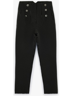 Koton Yüksek Bel Slim Fit Düğmeli Çizgili Cigarette Pantolon