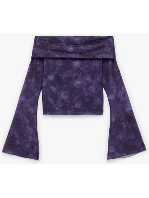 Koton Omuzu Açık Uzun Kollu Slim Fit Batik Desenli Tişört