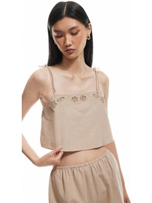 Koton Pamuklu Fistolu Brodeli Ince Askılı Crop Büstiyer