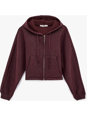 Koton Şardonlu Kapüşonlu Baskılı Simli Cep Detaylı Fermuarlı Sweatshirt