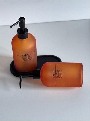 Turuncu 2'li Tezgah Üstü Standlı Sıvı Sabunluk Seti Siyah Standlı 1000 ml Sabunluk Seti