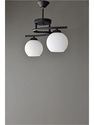 Fer Avize Dekoratif Siyah Renk Beyaz Camlı Modern Aydınlatma 2 'li Avize İç Mekan Kullanımı