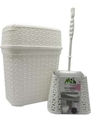 Hasır Desenli Çöp Kovası ve Klozet Fırçası Seti, Beyaz