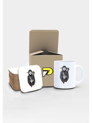 Azrail ve Kahve Tasarımlı Baskılı Kupa Bardak Seti, Eğlenceli Özel Hediye Mug