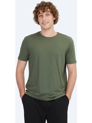 Kip Haki Düz Bisiklet Yaka Pamuk Karışımlı T-Shirt