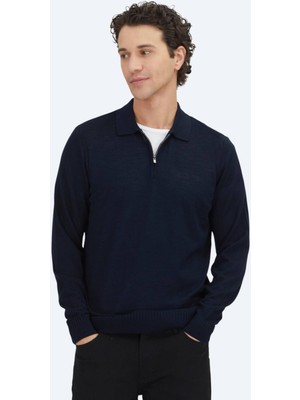 Kip Lacivert Polo Yaka Jakarlı Yün Karışımlı Triko Kazak