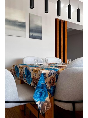 & Laurel Baskılı Yıkanabilir Masa Örtüsü Mutfak Bahçe Piknik Masa Örtüsü Mavi Ağırlıklı Çiçek Desenli (140X200)