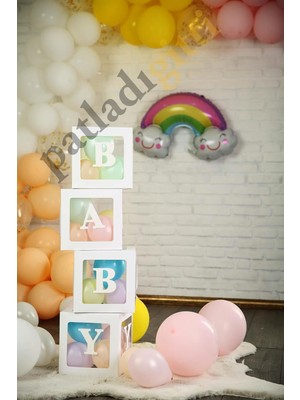 Patladı Gitti 33 Parça Baby Yazılı Şeffaf Kutu ve Balon Seti (Beyaz)