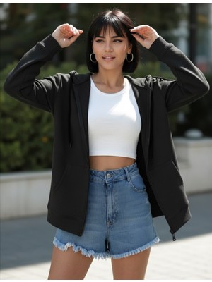 Unisex Üç Iplik Kapşonlu Hırka Fermuarlı Sweat