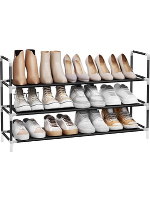 3 Katlı Ayakkabı Rafı, Antre Dolabı Için Ayakkabı Saklama Çözümü, ve Yer Tasarrufu Sağlayan, Metal Çerçeve, Dokuma Olmayan Kumaş Raflar, Siyah LSH053B01