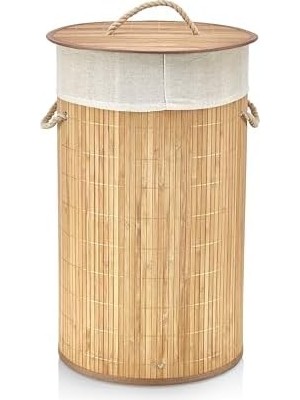 El Yapımı Hasır Katlanır Çamaşır Sepeti Yuvarlak 55 Litre (35CM*35CM*61CM), Doğal Malzemeden Üretilmiş Çamaşırlık (Naturel)