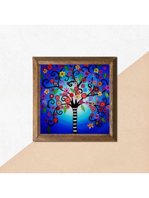 Hayat Ağacı Taş Duvar Tablosu Ahşap Çerçeveli Duvar Dekoru Art 25X25CM W1-108
