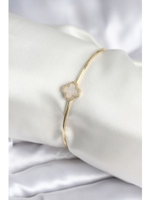 Ayder Timya Beyaz Sedefli Yonca Model Gold Renk Kadın Bileklik (Timya/1395) 194278