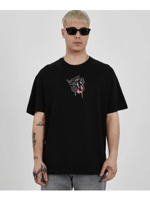 Beruflic Unisex Bisiklet Yaka Baskılı Oversize T-Shirt - Siyah